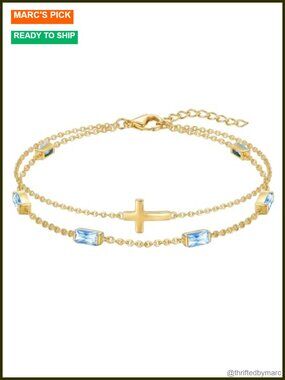 14k Gold plated Cross Birthstone Bracelet Stackable Women's